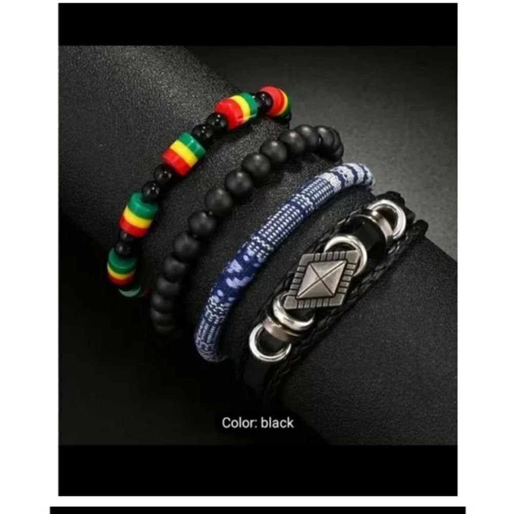 Men's leather bracelets set 4pc layered braided beaded new c2